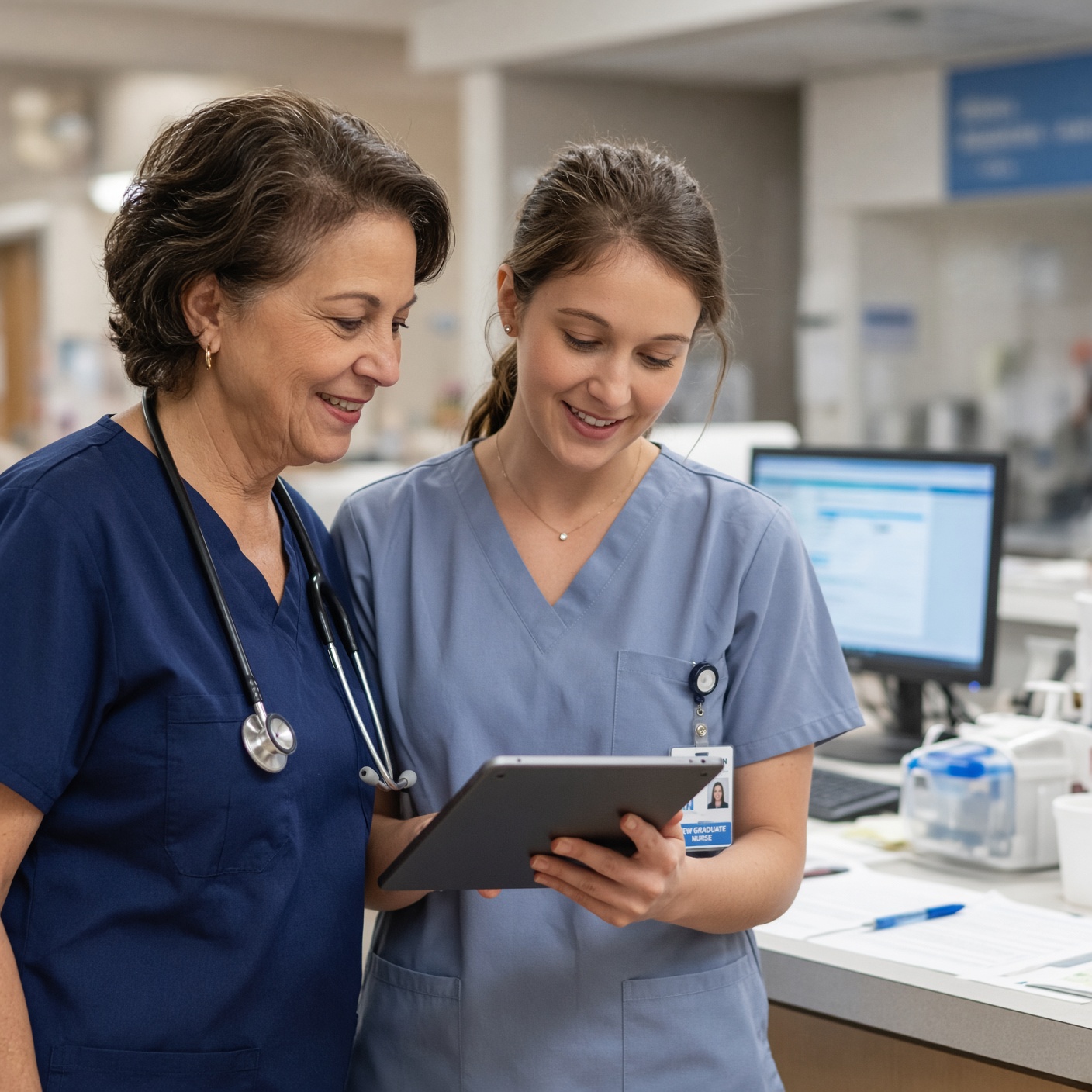 An experienced nurse reviewing progress with a new-graduate nurse on a tablet